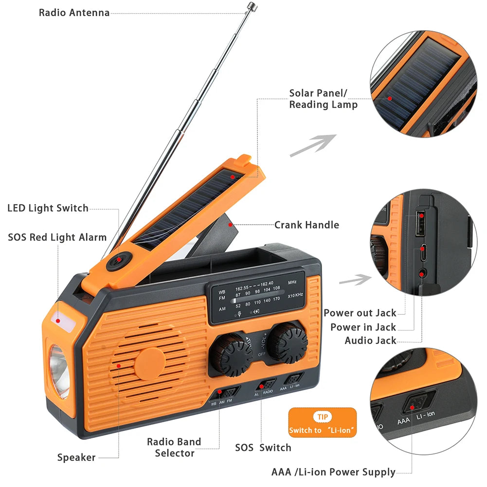 Solar Power Hand Crank Multifunctional NOAA Radio